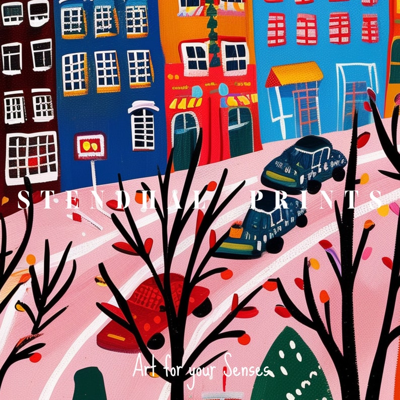 May include: A colorful illustration of a city street scene with buildings, trees, and cars. The text "Art for your Senses" is written in the lower right corner of the image.