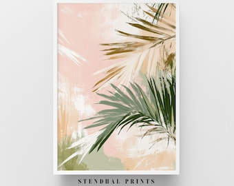 May include: Abstract art print featuring a pink background with green and brown palm leaves. The print has a textured, brushstroke effect and the text "STENDHAL PRINTS" at the bottom.