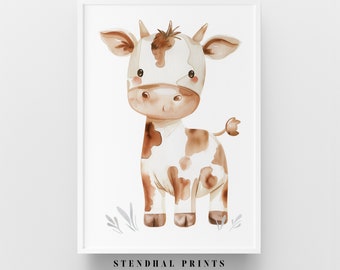 Charming Watercolor Cow Print 'Cow's Curiosity' | Whimsical Farm Animal Art for Nursery | Perfect for Children's Room | Downloadable Art