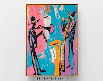 May include: Abstract painting of two musicians playing instruments. The musician on the left is playing a trumpet and the musician on the right is playing a saxophone. The painting is done in a bright color palette of pink, blue, yellow, and black.