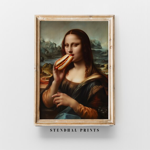 Iconic Mona Lisa With Hot Dog | Unique Digital Wall Art 