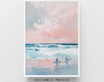 Coastal Pastel Ocean Painting | Minimalist Surfing Wall Art "Surf and Sky" Abstract Art Print | Beach Decor Surfer Art Modern Coastal Decor