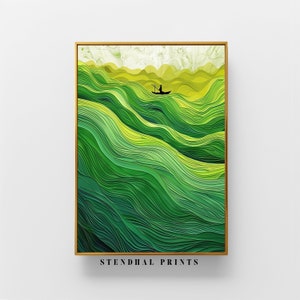 May include: Abstract art print featuring a green and yellow landscape with a small boat and a person in the distance. The print is framed in a gold frame and has the text "STENDHAL PRINTS" at the bottom.