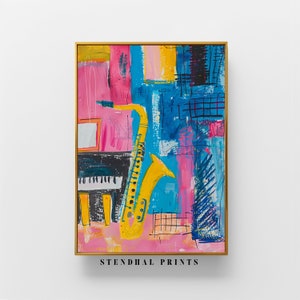 Peut inclure: Peinture abstraite d'un saxophone jaune et d'un clavier noir sur un fond rose, bleu et noir. La peinture est encadrée d'or.