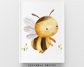 Whimsical Bee Watercolor Art Print "Bee's Bliss" Nursery Decor | Playful Insect Illustration | Cheerful Kids Room Digital Download