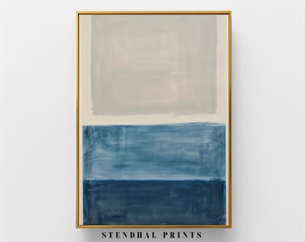 May include: Abstract painting with a gold frame. The painting features three horizontal bands of color: a light gray band at the top, a medium blue band in the middle, and a dark blue band at the bottom.