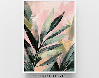 May include: Abstract art print featuring a stylised green and pink tropical leaf design. The print has a textured, brushstroke effect and is titled "Stendhal Prints".