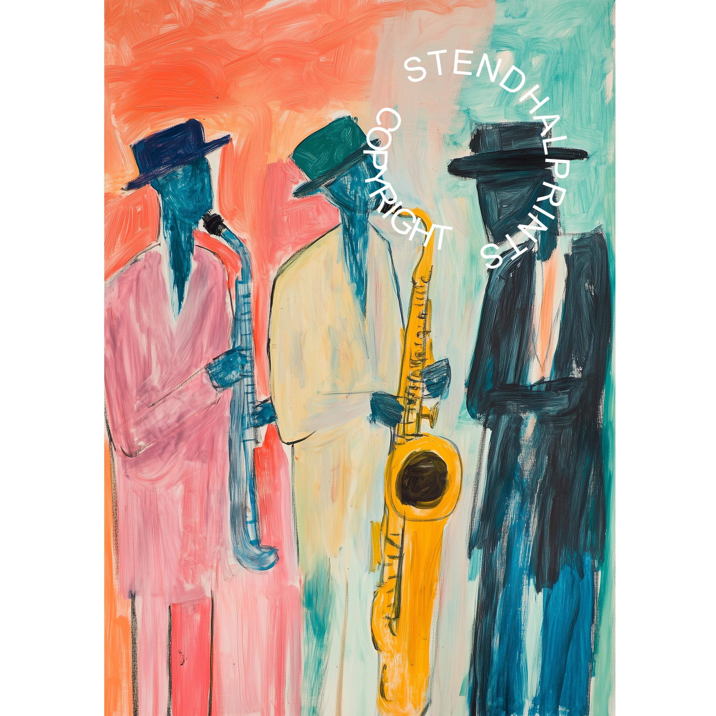 Vibrant Jazz Trio - Abstract Music Art Print | Bold Saxophone
