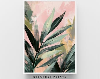 May include: Abstract art print featuring a stylised green and pink tropical leaf design. The print has a textured, brushstroke effect and is titled "Stendhal Prints".