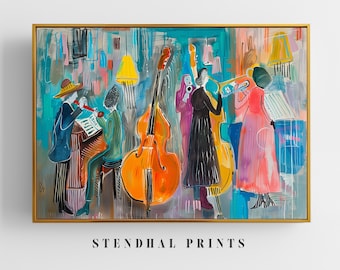 May include: A colorful painting of a band playing music. The band is made up of five people, including a saxophonist, a trumpet player, a drummer, a bassist, and a singer. The painting is done in a vibrant style with bold colors and thick brushstrokes. The band is playing in a lively setting, with a stage and a crowd of people in the background.