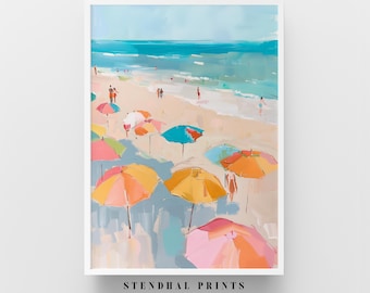 Colorful Umbrella Beach Painting | "Pastel Shore" Beach Scene Art Print | Coastal Summer Decor | Seaside Wall Art Vibrant Beach Day Artwork
