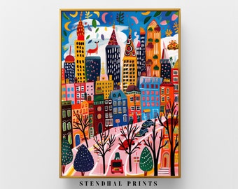 Colorful Cityscape Illustration "Urban Whimsy" Art Print | Quirky Skyscrapers Download | Eclectic City Downloadable Wall Art | Home Decor