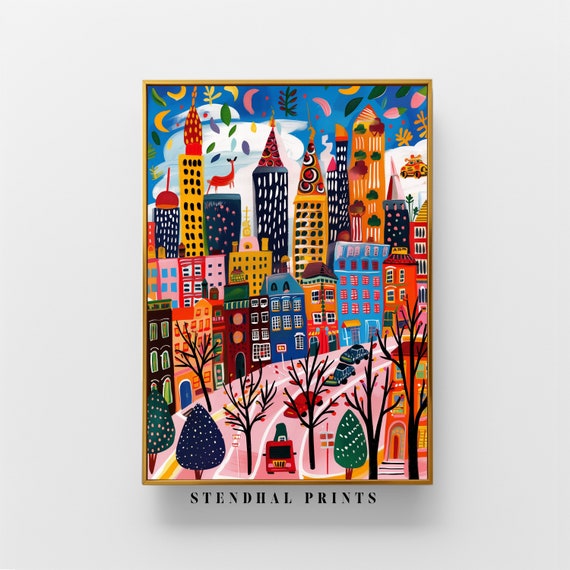 Colorful Cityscape Illustration "Urban Whimsy" Art Print | Quirky Skyscrapers Download | Eclectic City Downloadable Wall Art | Home Decor