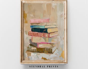 Könnte beinhalten: Ein Gemälde eines Stapels Bücher in einem hellbraunen Rahmen. Die Bücher sind in verschiedenen Schattierungen von Rosa, Blau, Gelb und Braun gehalten. Der Hintergrund ist hellbeige.