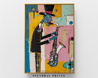 May include: Abstract art print of a blue-skinned musician playing a saxophone. The figure wears a black suit, red tie, and top hat. The background features yellow, pink, and teal blocks. The text "STENDHAL PRINTS" is at the bottom.