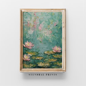 Calming Watercolor Wall Art | &quot;Emerald Serenity&quot; Abstract Water Lilies Print | Tranquil Nature Digital Download | Water Lilies Art Print