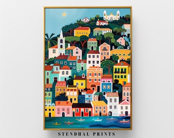 Colorful Coastal Town Art "Seaside Township" Digital Print | Mediterranean Seascape | Vibrant Nautical Decor Download