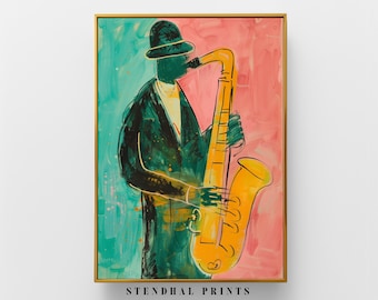 May include: A painting of a person playing a saxophone. The person is wearing a black hat and a green suit. The saxophone is yellow and the background is a mix of pink and blue.