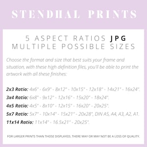 May include: A graphic with the text "STENDHAL PRINTS" in a large font at the top. Below the text is a list of 5 aspect ratios for JPG images, with multiple possible sizes for each ratio. The text "FOR LARGER PRINTS THAN THOSE DISPLAYED, THERE MAY OR MAY NOT BE A LOSS OF QUALITY." is at the bottom of the graphic.