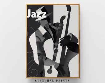 Arte de Pared Jazz | Póster Abstracto "Soulful Melody" | Decoración Musical Moderna en Blanco y Negro | Impresión de Arte de Saxofón