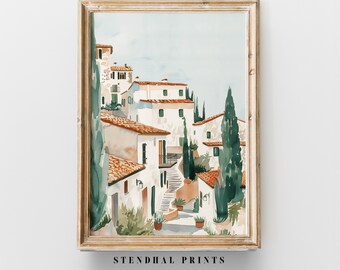 Impression Numérique de Ville Méditerranéenne "Montée du Village" | Scène de Village Sérénité | Décor Tranquille pour Maison | Art Mural