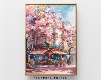 Parisian Street Scene with Cherry Blossoms "Spring Cafe Romance" Art Print | French Cafe Watercolor | Charming Cityscape | Home Wall Decor