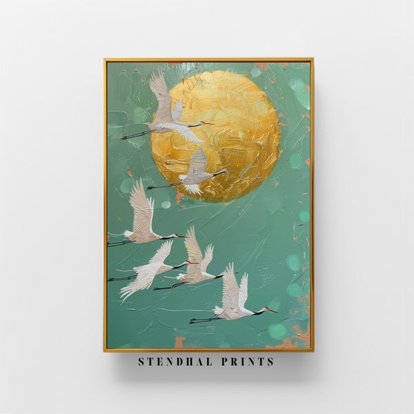 Sovereign Skies Art "Cosmic Contemplation" Crane Migration under Golden Moon | Celestial Avian Wall Art | Ethereal Nature Decor