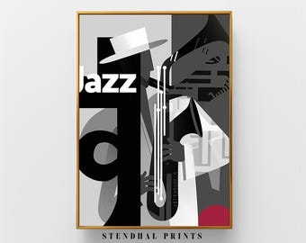 Arte de Pared Musical | Póster Abstracto "Jazz Vibes" | Decoración Moderna en Blanco y Negro | Arte de Saxofón | Decoración Imprimible