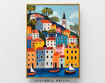 Captivating Seaside "Harbor Hues" | Vivid Port Scene Artwork | Colorful Coastal Village Painting | Nautical Wall Decor | Home Accent