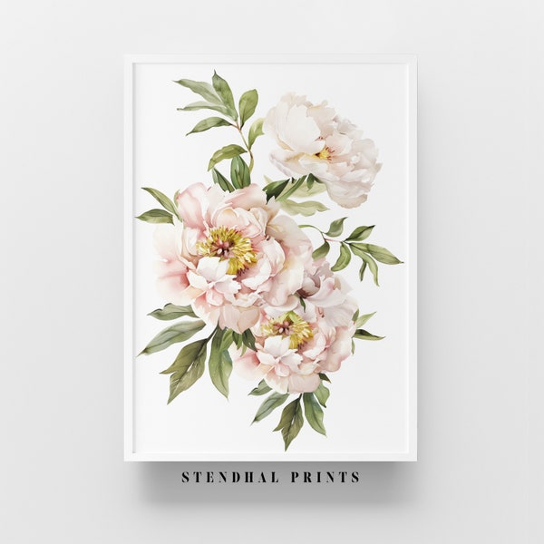 Floral Wall Art "Peony Whispers" Watercolor Print | Shabby Chic Peonies Decor | Soft Blossom Digital Art for Home | Digital Print Download