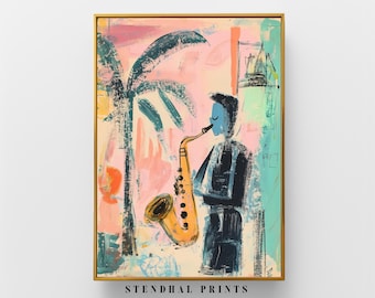 May include: A painting of a person playing a saxophone in front of a pink and green background with a palm tree. The painting is framed in gold.