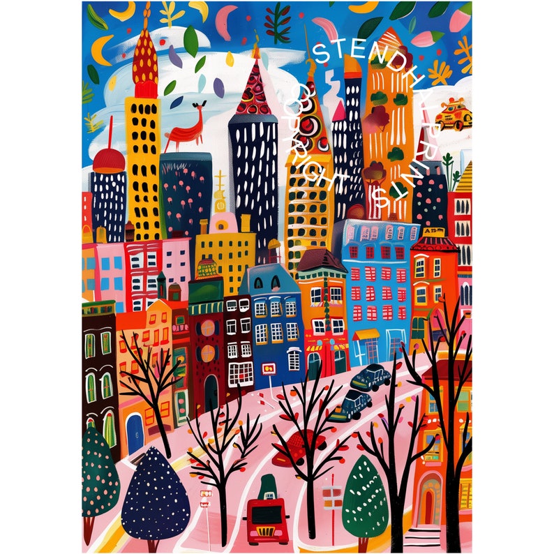 May include: A colorful illustration of a city skyline with buildings in various shapes and sizes. The buildings are painted in bright colors, including red, yellow, blue, green, and orange. There are trees and cars in the foreground, and the sky is blue with white clouds. The text "STEADY RIGHT" is visible in the upper right corner of the image.