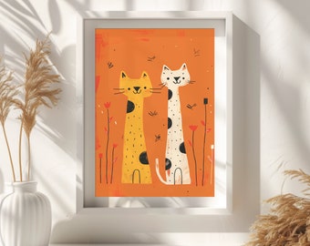 Niedliche Katzen Dekoration "Verspielte Katzen" Fantasievolle Kunstdruck | Moderne Kunst für Kinderzimmer | Digitaler Download Kunst