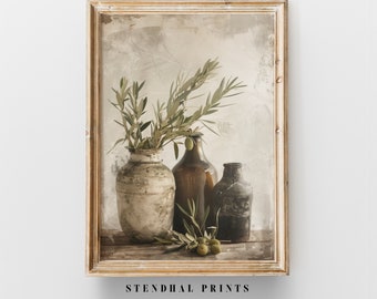 Art Print "Olives and Shadows" | Olive Branch Digital Artwork | Still Life Digital Download | Mediterranean Kitchen Decor