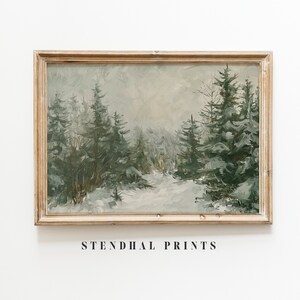 May include: A framed painting depicting a snowy forest scene with tall evergreen trees. The painting is executed in a muted palette of greens, browns, and whites.