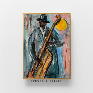 Urban Jazz Player Art Print &quot;Jazz Night&quot; Serenade | Musician with Bass Digital Art | Jazz Music Lover Download | Modern Jazz Wall Decor