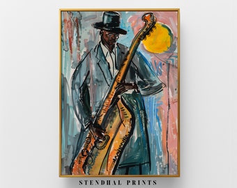 May include: A painting of a person playing a bass guitar. The person is wearing a hat and a suit. The background is a mix of blue, pink, and yellow.