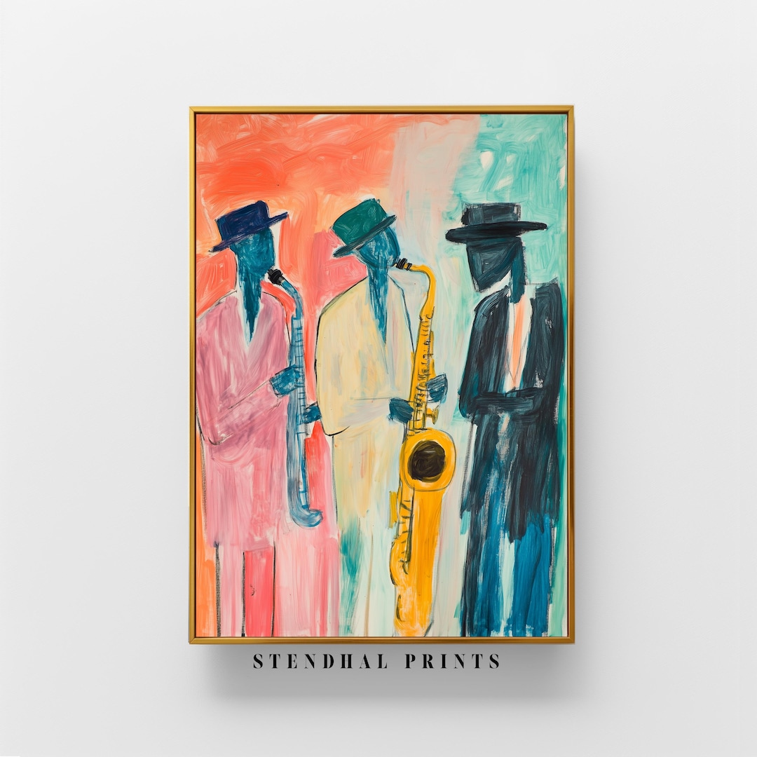 Toile trio de jazz, oeuvre d'art murale de groupe de musique, peinture de musiciens de jazz, impression d'art de saxophone, conception de toile d'art mural, décoration prête à accrocher - France