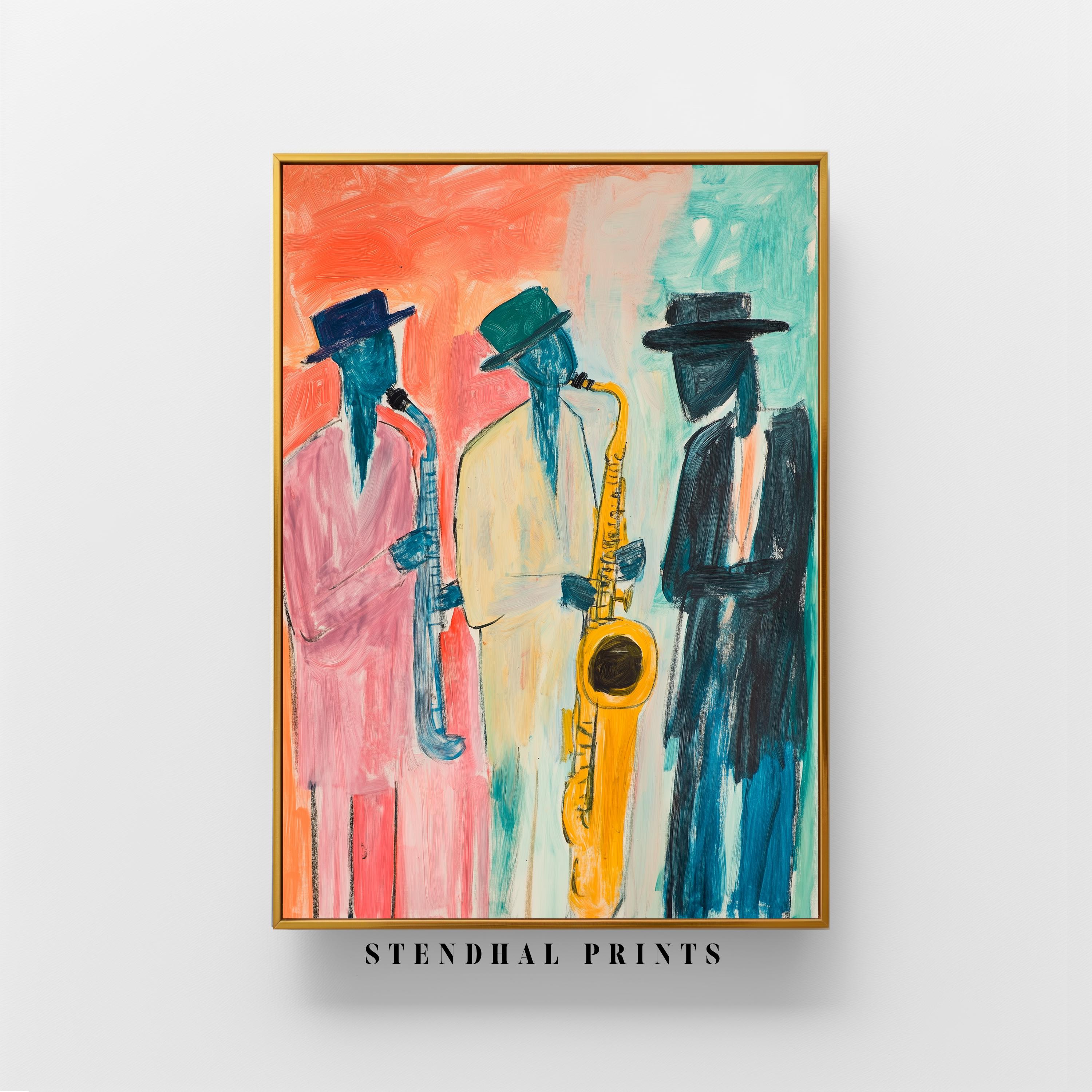 Vibrant Jazz Trio - Abstract Music Art Print | Bold Saxophone