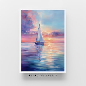Pastel Sailboat Art Print | Sunset Serenity at Sea | Tranquil Nautical Wall Art | Coastal Home Decor | Peaceful Ocean Scene Digital Download