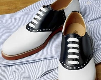 Men's genuine black & white leather oxford dress formal shoes