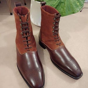 Men&#39;s genuine brown leather hand finished ankle high long boots