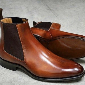 Men&#39;s genuine brown leather hand finished ankle high long Chelsea boots