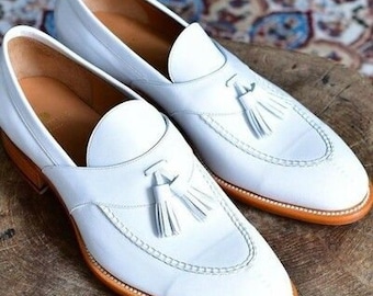 Echte witte leren slip-on-mocassinschoenen voor heren met kwastjes