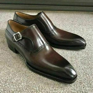 Men&#39;s genuine brown leather handmade adorable monk shoes