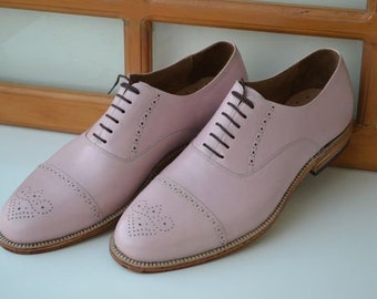 Zapatos de espectador para fiesta formal, vestido con punta de ala Oxford rosa de cuero genuino para hombre