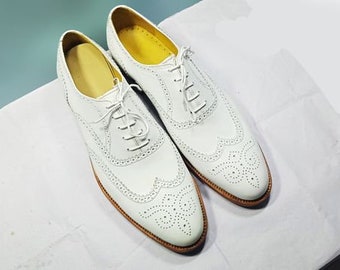 Men's genuine white leather oxford wingtip dress formal party wear spectator shoes