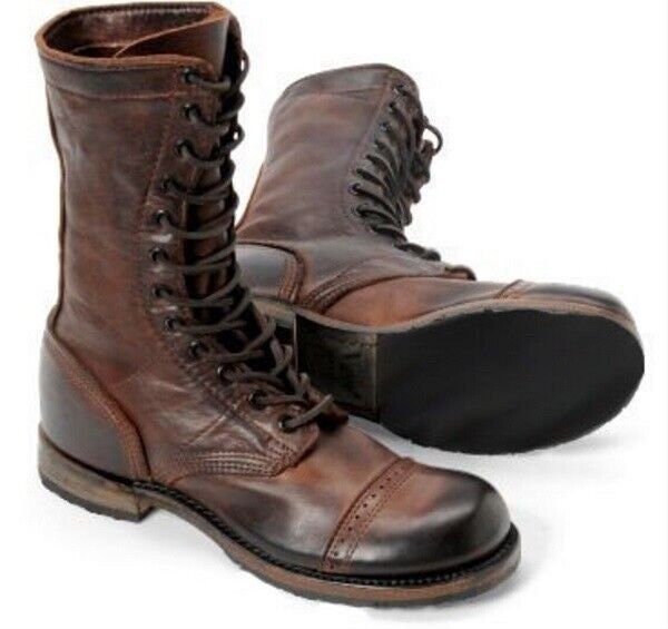 Men s Genuine Leather Brown Long Ankle High Military Combat Boots Etsy