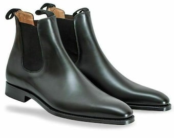 Men's genuine black leather hand made ankle high long Chelsea boots