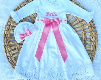 Personalized Baby Girl Dress with Bonnet: Embroidered Name, Lace Details
